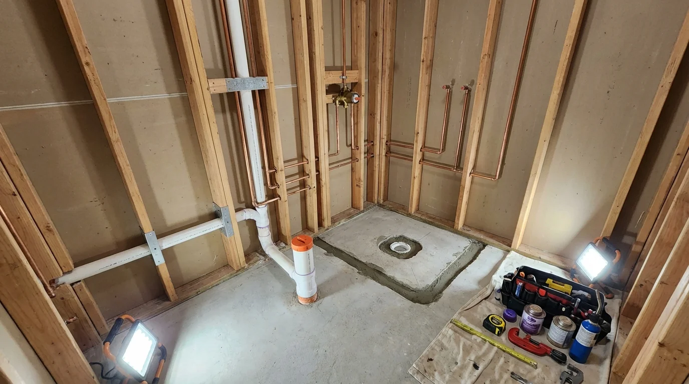 Bathroom rough-in plumbing during remodel by Johns Plumbing LLC in Macedon