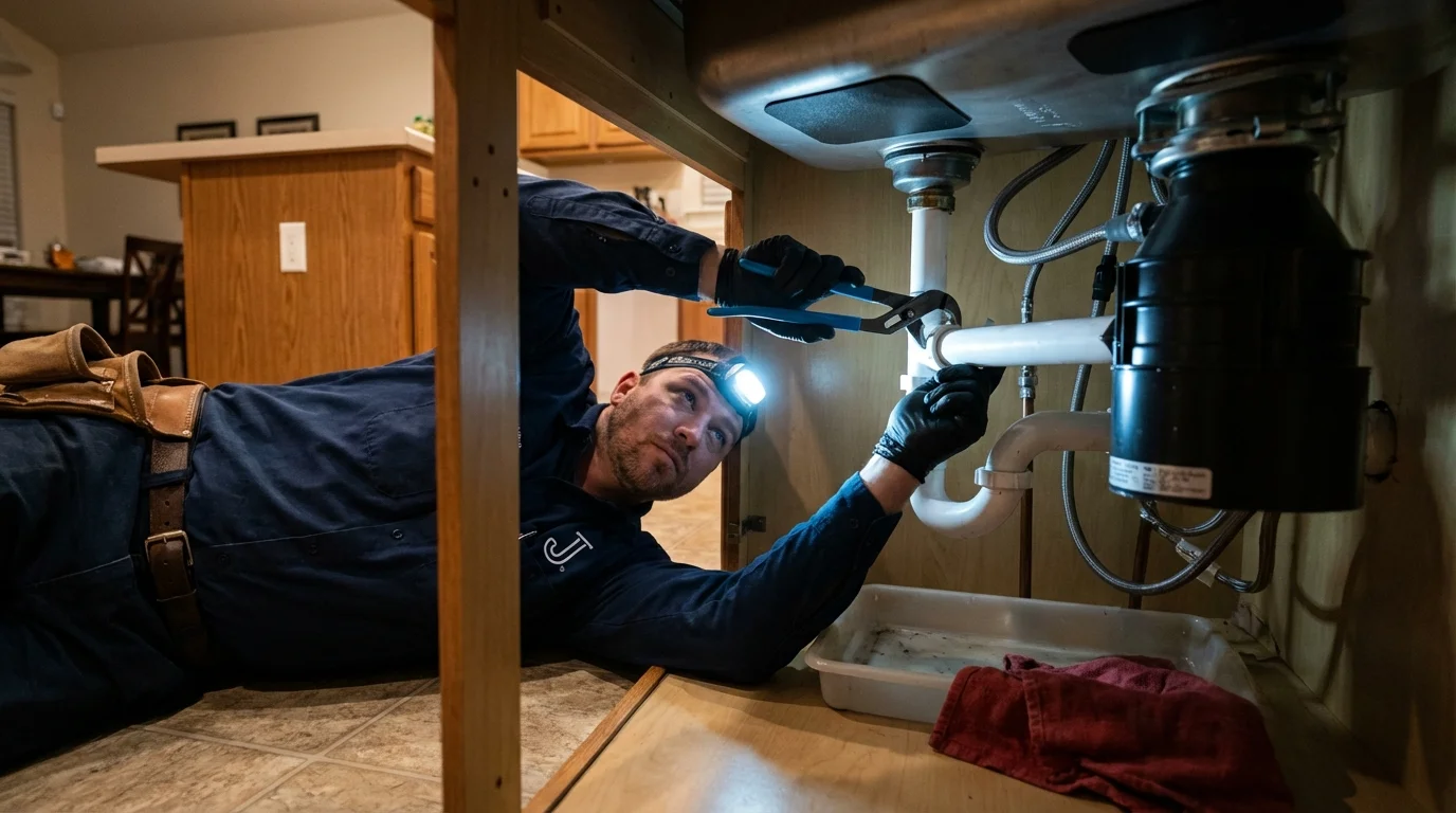 P-trap and supply line connections under a kitchen sink showing a common leak point in Macedon, NY